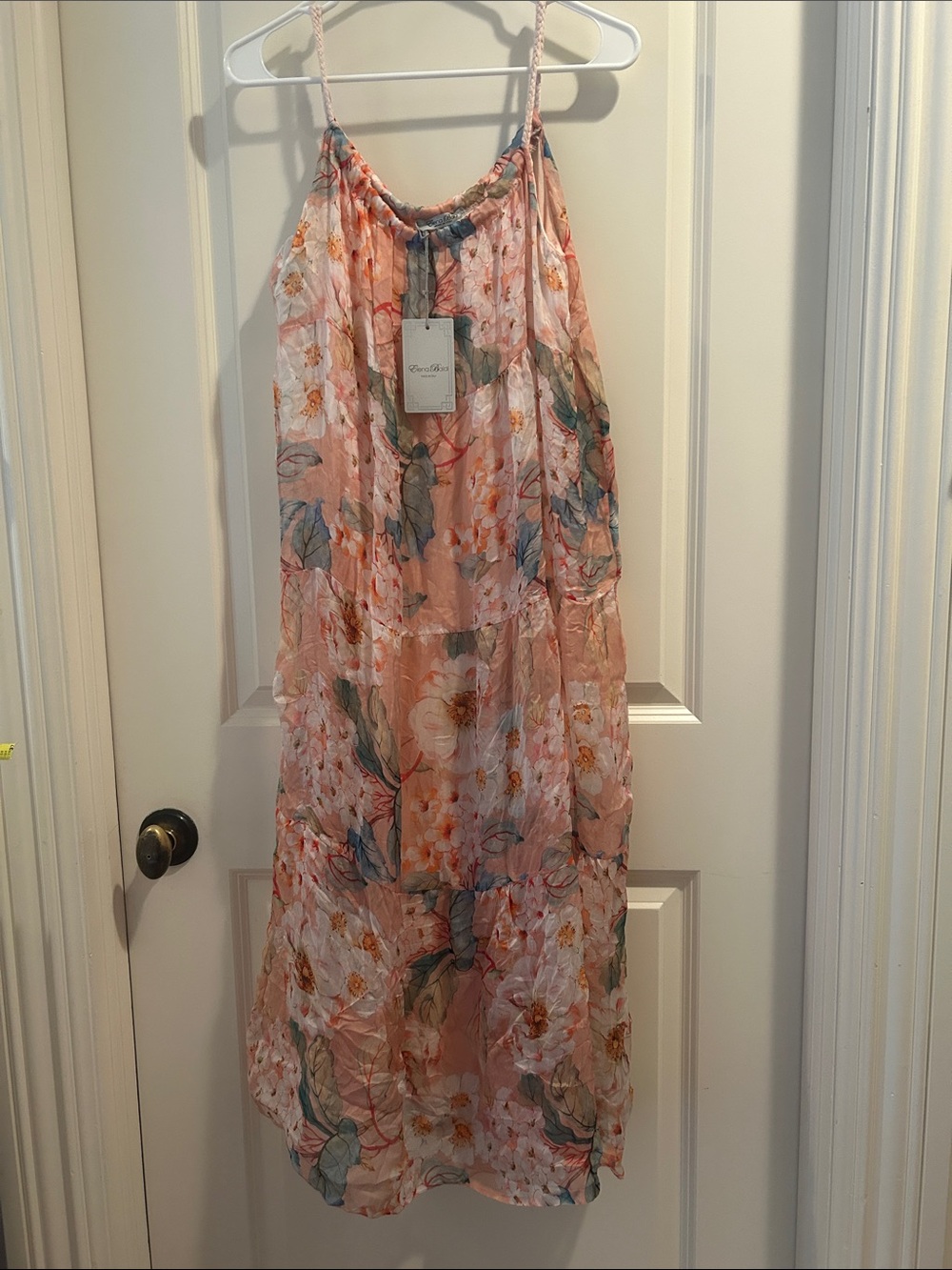 NWT Elena Baldi Silk Blend Floral Tiered Peach Maxi Dress Lined Braided Straps M